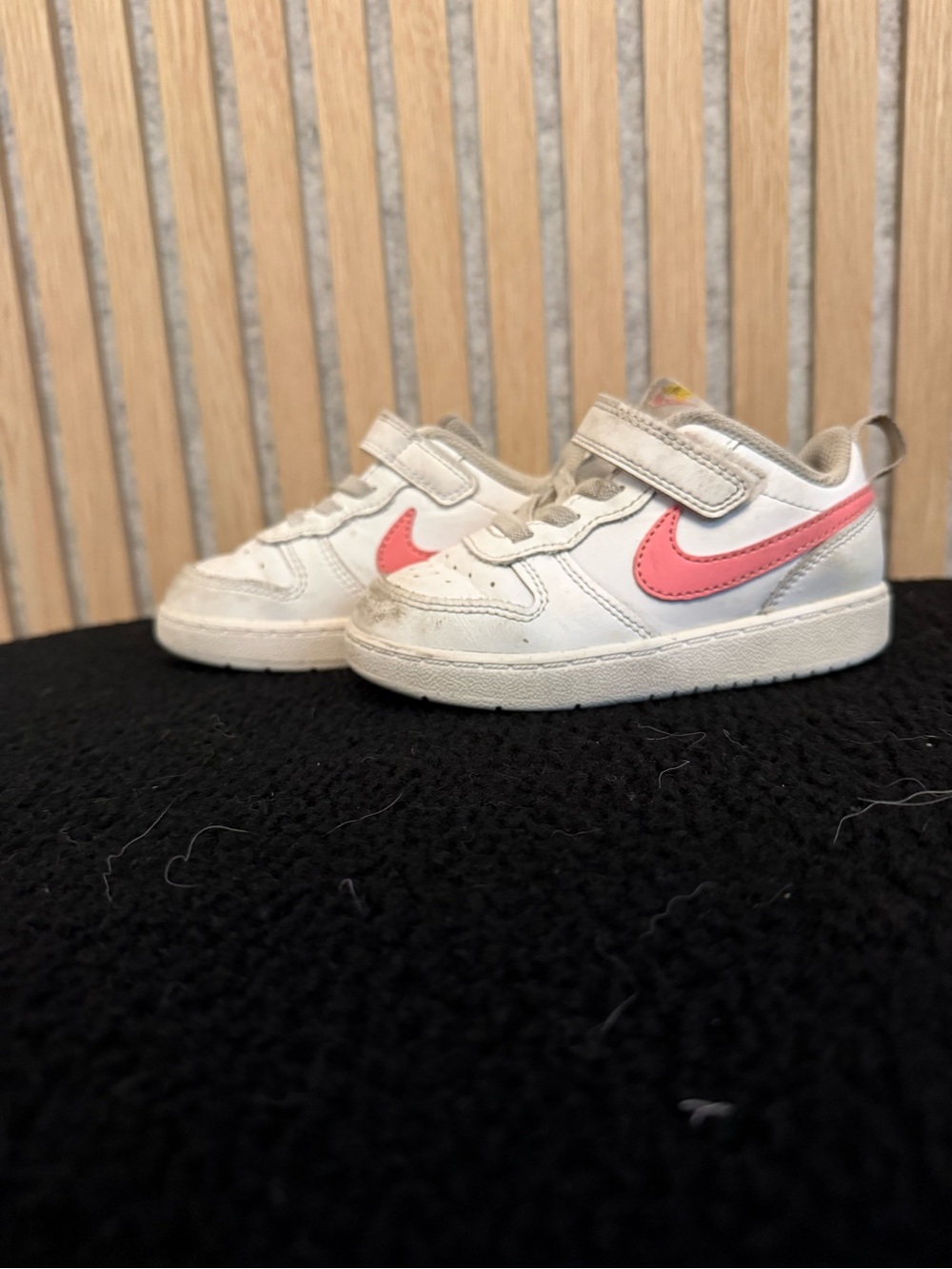 Nike Kids White Sneakers with Pink Swoosh and Velcro Strap